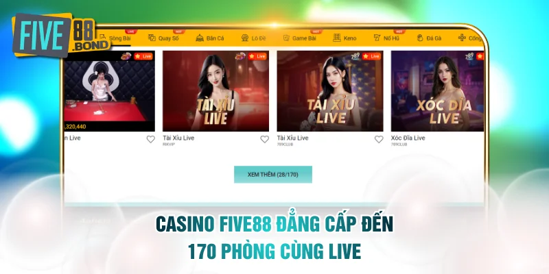Casino FIVE88 đẳng cấp đến 170 phòng cùng live